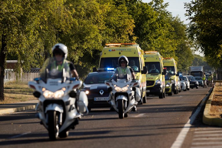 An ambulance transporting Miguel Pajares, a Spanish priest who was infected with the Ebola virus while working in Liberia, leaves the Military Air Base of Torrejon de Ardoz, near Madrid, Spain, Thursday, Aug. 7, 2014, after landing in Spain. The priest who has been confirmed as the first Spaniard to be infected by the current outbreak of the Ebola virus has been brought back to Spain for treatment. Pajares, a missionary priest based in Liberia, is one of the 1,711 reported cases to have been confirmed since March, when the most deadly wave of the condition began. At least 932 deaths in four countries have been blamed on the illness.  (AP Photo/Daniel Ochoa de Olza)