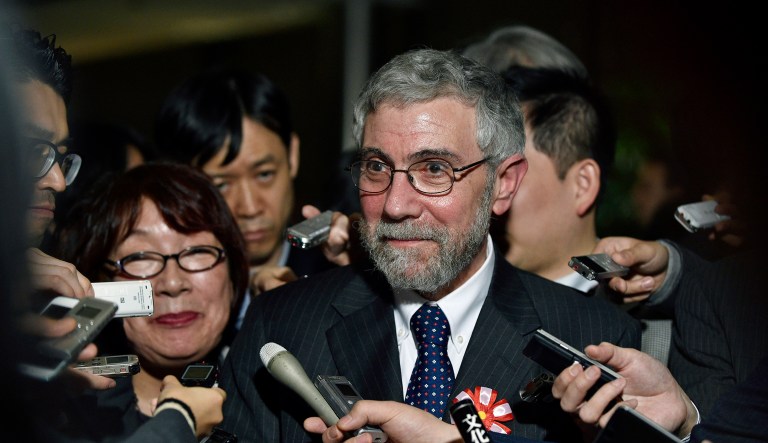 Larry Mishel, the former president of the Economic Policy Institute, and Jared Bernstein, created a chart which asserted that productivity was rising faster than hourly compensation. But Paul Krugman, the famous economist (pictured center), had written about the errors of this idea before. (Franck Robichon/Pool Photo via AP)