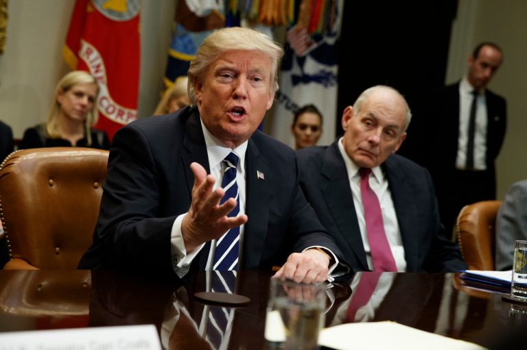 Sec. John Kelly, right, will visit the Rio Grande Valley in Texas to learn about border operations. (AP Photo/Evan Vucci)