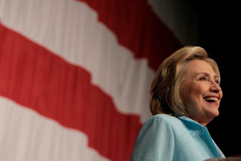 Democratic presidential candidate Hillary Rodham Clinton speaks at the at the Iowa Democratic Wing Ding at the Surf Ballroom Friday, Aug. 14, 2015, in Clear Lake, Iowa. (AP Photo/Charlie Riedel)