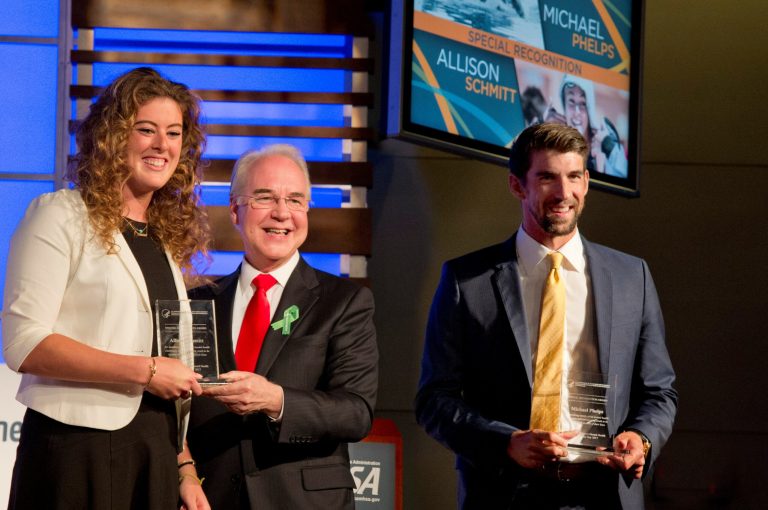 Michael Phelps and Allison Schmitt were honored for their work in mental health. (?Credit: Richard Greenhouse Photography)