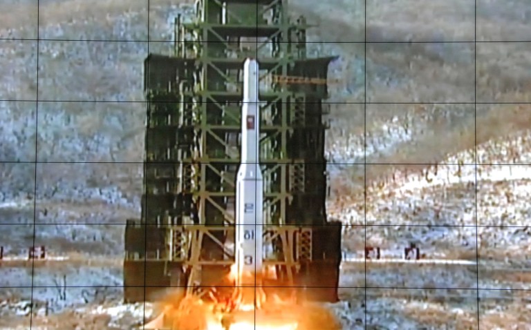 A screen at the General Satellite Control and Command Center shows the moment North Korea's Unha-3 rocket is launched in Pyongyang, North Korea. North Korea said Monday, it is ready to launch satellites aboard long-range rockets to mark a key national anniversary next month. (AP Photo/File)