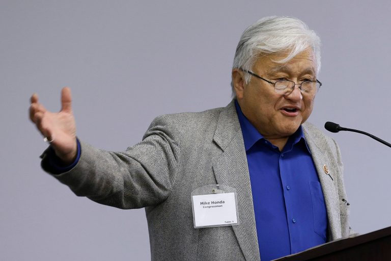 In this May 2, 2013 file photo, U.S. Rep. Mike Honda speaks during the City of Fremont Legislative Brunch at Tesla motors in Fremont, Calif. (AP Photo/Jeff Chiu, file)