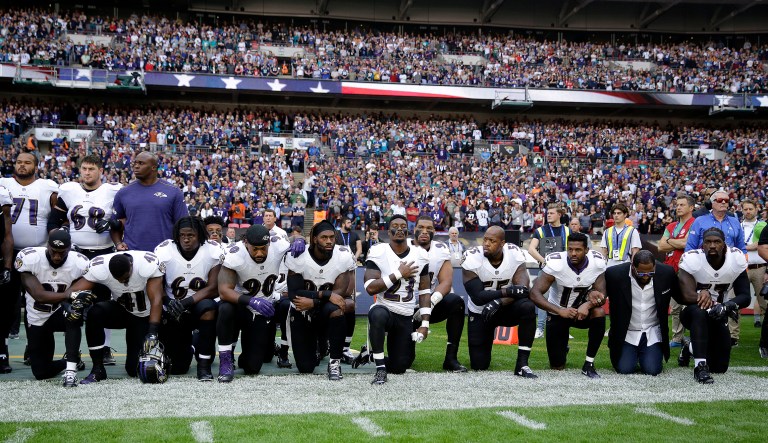 Baltimore Ravens President Dick Cass, in a holiday letter to season-ticket holders, acknowledged that the team is concerned about no-shows during a playoff race. One reason he outlined was the dozen players kneeling before a game in London against the Jacksonville Jaguars during the National Anthem. (AP Photo/Matt Dunham, File)