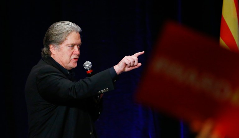 Steve Bannon, former strategist for President Trump, spoke at a campaign rally for Arizona Senate candidate Kelli Ward on Oct. 17. Ward was to run against incumbent Jeff Flake in next year's GOP primary, until Flake dropped out Tuesday. (AP Photo/Ross D. Franklin)