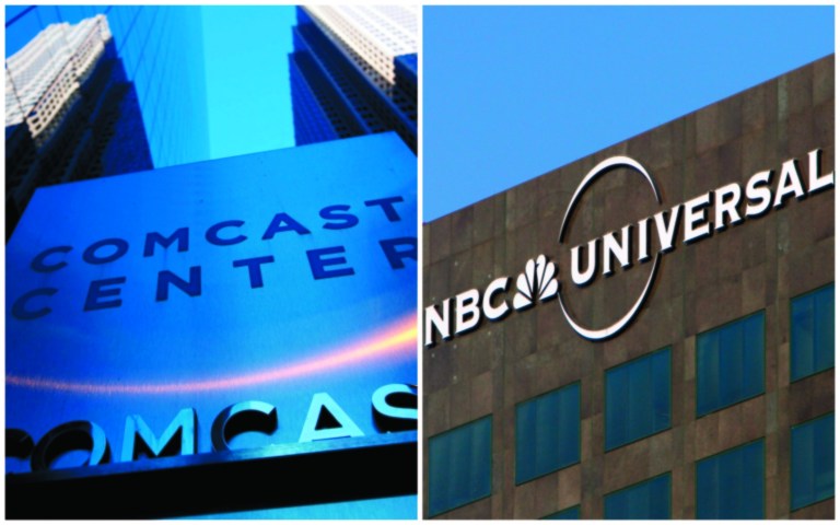 FILE - This combination of Associated Press file photos shows, left, a sign outside the Comcast Center in Philadelphia in July 2010 and right, the entrance to the Universal Studios theme park in Los Angeles, on Dec. 3, 2009. Comcast said on Tuesday, Feb. 12, 2013, that it's buying General Electric's 49 percent stake in NBCUniversal joint venture for $16.7 billion. Comcast Corp. had bought a majority stake in the television and movie company in 2011. It had planned to take a larger stake in it over time. (AP Photo)