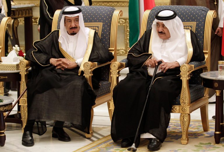   FILE - In this Monday, May 14, 2012 file photo, Saudi's Crown Prince - Interior minister Nayef bin Abdul-Aziz, right, and his brother Saudi defense minister Prince Salman bin Abdul-Aziz attend to welcome the Gulf Arab leaders as they arrive to the Saudi capital Riyadh to take part in the opening of Gulf Cooperation Council 