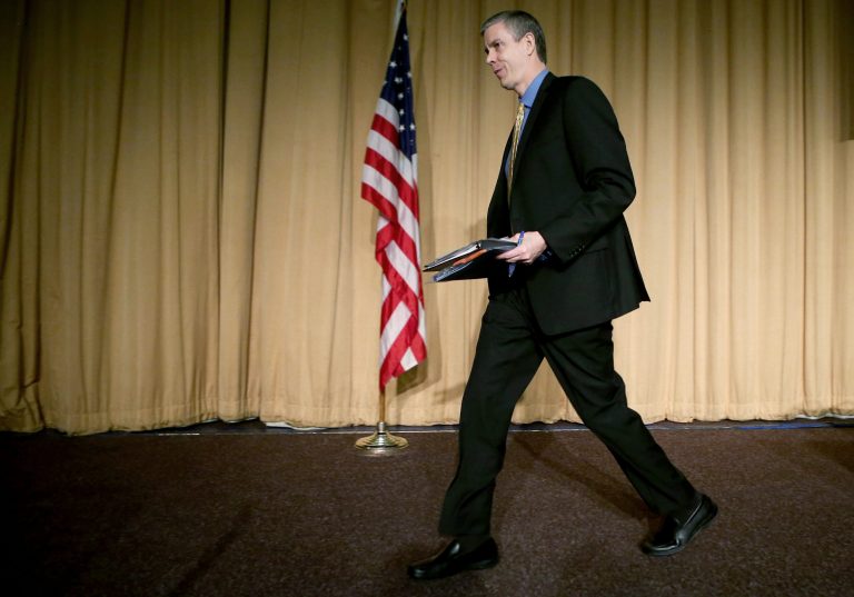 WASHINGTON, DC - JANUARY 28:  U.S. Education Secretary Arne Duncan leaves after addressing the National School Board Association's Federal Relations Nedtwork Conference at the Hilton Washington Hotel January 28, 2013 in Washington, DC. Duncan faced a number of questions from conference attendees on issues including charter schools, unfunded mandates and reauthorization of the No Child Left Behind program.  (Photo by Chip Somodevilla/Getty Images)
