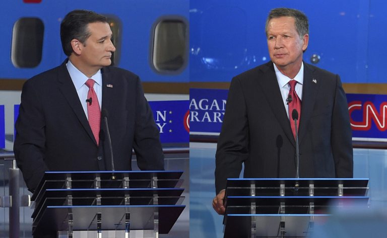 Texas Sen. Ted Cruz and Ohio Gov. John Kasich sparred over how to push back against the Obama administration's deal with Iran. (AP Photos)