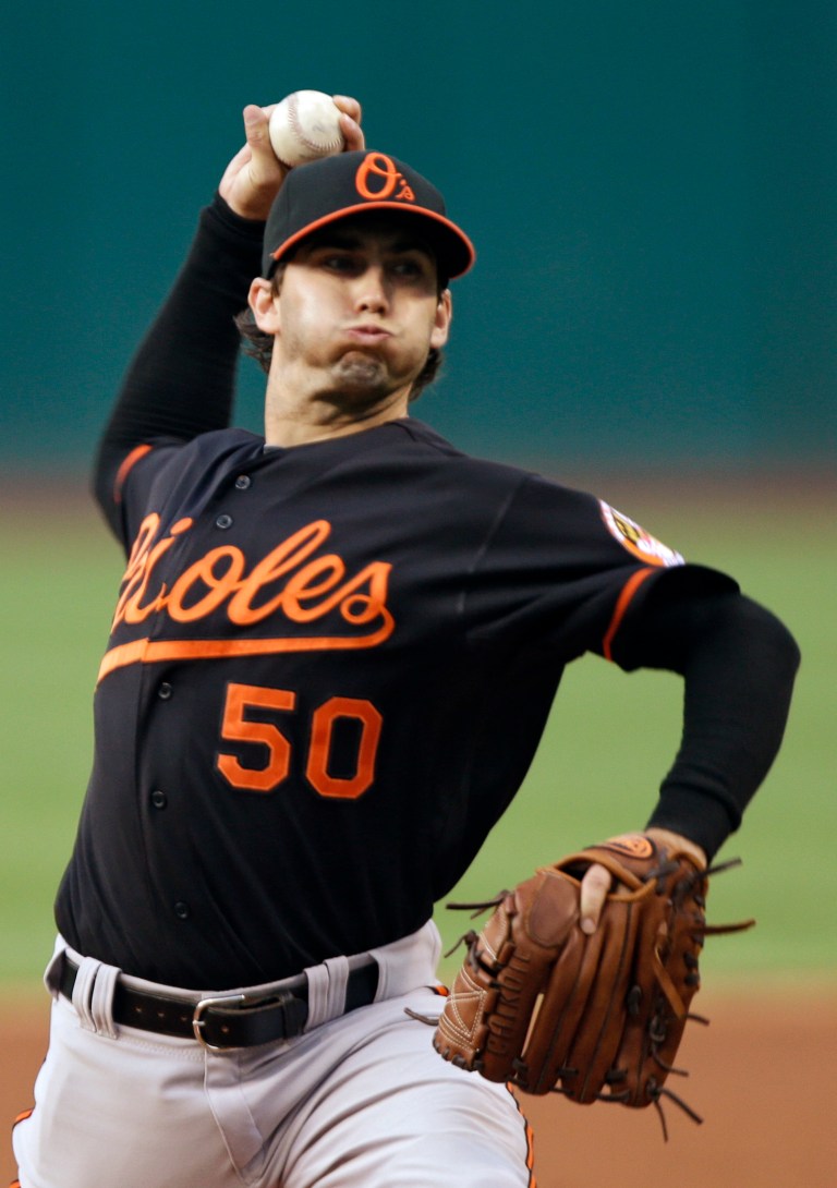 Baltimore Orioles relief pitcher Miguel Gonzalez delivers against the Cleveland Indians in the first inning of a baseball game Friday, July 20, 2012, in Cleveland. (AP Photo/Mark Duncan)