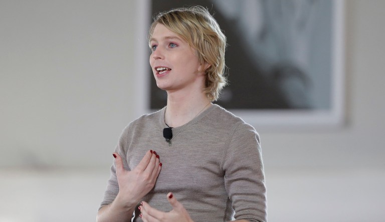 Chelsea Manning addresses an audience, Sunday, Sept. 17, 2017, during a forum, in Nantucket, Mass. (AP Photo/Steven Senne)