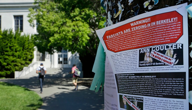 The Trump administration is throwing its support behind a lawsuit against the University of California, Berkeley that accuses the school of a double standard for campus speakers that restricts conservative viewpoints. The U.S. Department of Justice said in a court filing on Thursday, that the allegations by the Berkeley College Republicans and Young America's Foundation would violate the First Amendment if proven true. (AP Photo/Ben Margot, File)