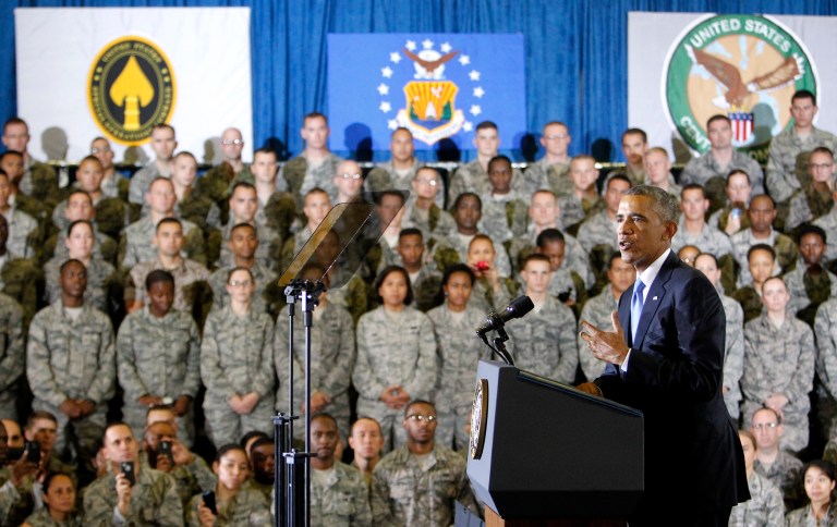 President Barack Obama speaks at U.S. Central Command (CentCom) at MacDill Air Force Base in Tampa, Fla. on Wednesday, Sept. 17, 2014. Obama consulted with military officials about the U.S. counterterrorism campaign against Islamic State militants during his visit. (AP Photo/The Tampa Bay Times, James Borchuck, Pool)