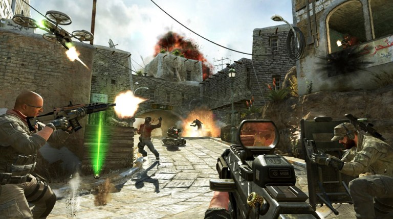 This undated publicity image released by Activision shows soldiers and terrorists battling in the streets of Yemen in a scene from the video game, âCall of Duty: Black Ops II.â