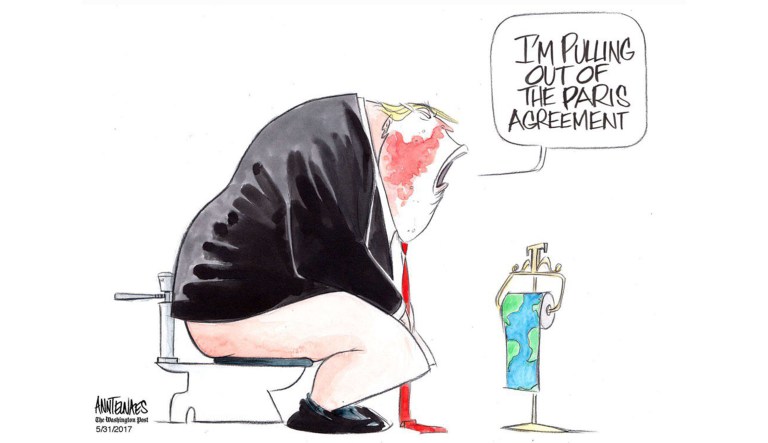 The Washington Post on Thursday published a cartoon by Ann Telnaes that depicted President Trump defecating into a toilet. (Twitter)