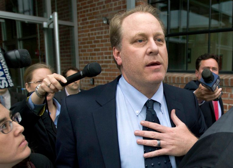 Former Boston Red Sox pitcher Curt Schilling retweeted then later deleted a photo on Monday that called for members of the media to be lynched. (AP Photo/Steven Senne, File)