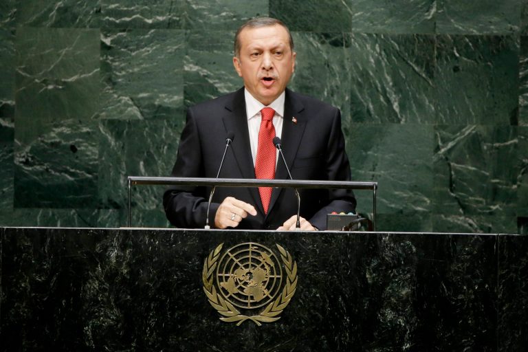 Turkish President Recep Tayyip Erdogan addresses the 69th session of the United Nations General Assembly Wednesday, Sept. 24, 2014, at U.N. headquarters. (AP Photo/Frank Franklin II)