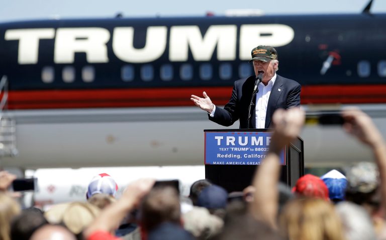 Republican presidential candidate Donald Trump speaks at a campaign rally at the Redding Municipal Airport Friday, June 3, 2016, in Redding, Calif. (AP Photo/Rich Pedroncelli