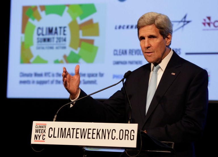 U.S. Secretary of State John Kerry delivers remarks at a NYC Climate Week opening event, at the Morgan Library in New York, Monday, Sept. 22, 2014. (AP Photo/Richard Drew)