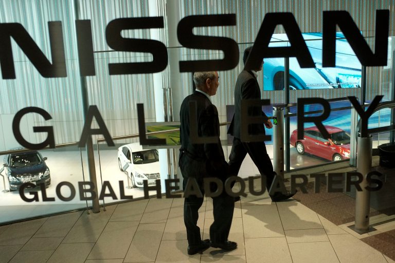 Visitors walk in Nissan gallery at its global headquarters in Yokohama, near Tokyo, Monday, Feb. 10, 2014. Nissan Motor Co. says quarterly profit rose 57 percent, driven by a weaker yen and strong sales in China and Japan. The Japanese automaker reported net profit Tuesday of 84.3 billion yen ($823 million) for the October-December third quarter. That was up from 53.8 billion yen a year earlier. (AP Photo/Shizuo Kambayashi)