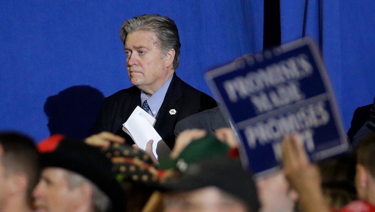 White House Correspondents' dinner host rattled off jokes, gags, and puns to prove that no one in the Trump administration is beyond derision, not even White House chief strategist Steve Bannon. (AP Photo/Patrick Semansky)