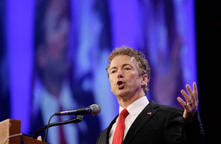 Republican presidential candidate Sen. Rand Paul speaks during the Iowa Republican Party's Lincoln Dinner, Saturday, May 16, 2015, in Des Moines, Iowa. (AP Photo/Charlie Neibergall)
