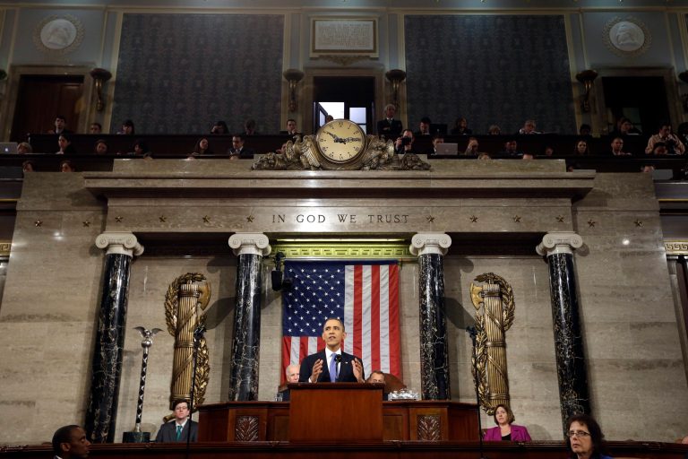 FILE - In this Feb. 12, 2013, file photo, President Barack Obama gives his State of the Union address during a joint session of Congress on Capitol Hill in Washington. Struggling to generate second-term momentum, Obama will confront a politically divided Congress with a demand to expand economic opportunity in America, asserting in his State of the Union address Tuesday that he will take action on his own if lawmakers fail to help shrink the income gap between the rich and the poor. (AP Photo/Charles Dharapak, Pool, File)