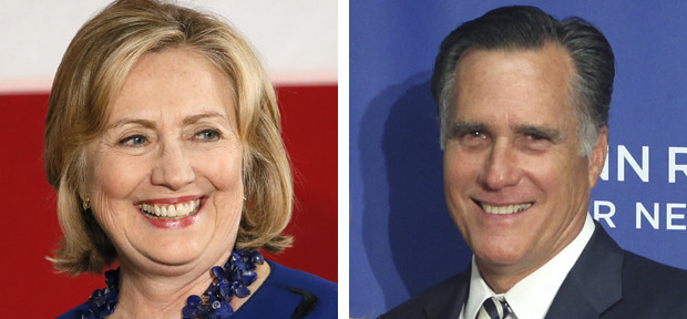 Hillary Clinton remains the clear frontrunner for the Democratic nomination in 2016, while Mitt Romney barely leads against a scattered group of Republicans. (AP Photos)