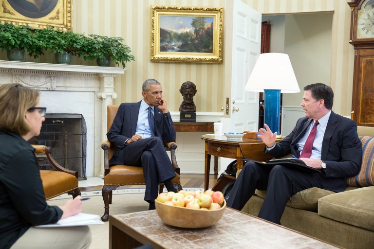 President Obama receives an update in the Oval Office from FBI Director James Comey and Homeland Security Advisor Lisa Monaco on the mass shooting in Orlando, Fla., June 12, 2016. (Pete Souza/White House photo)