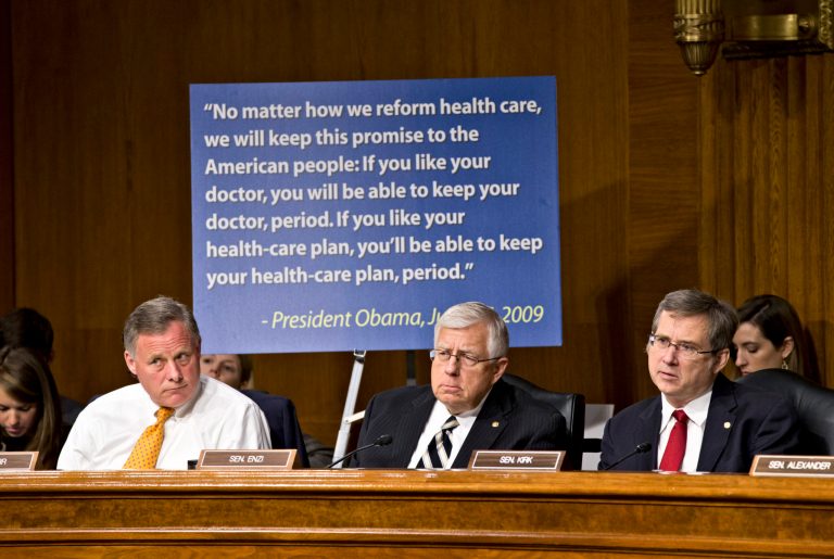 Republican Sens. Richard Burr, R-N.C. (from left), Mike Enzi, R-Wyo. and Mark Kirk, R-Ill., members of the Health, Education, Labor, and Pensions Committee, listen to testimony from Centers for Medicare and Medicaid Services chief Marilyn Tavenner at a hearing about problems with the rollout of the Affordable Care Act, in Washington on Tuesday.