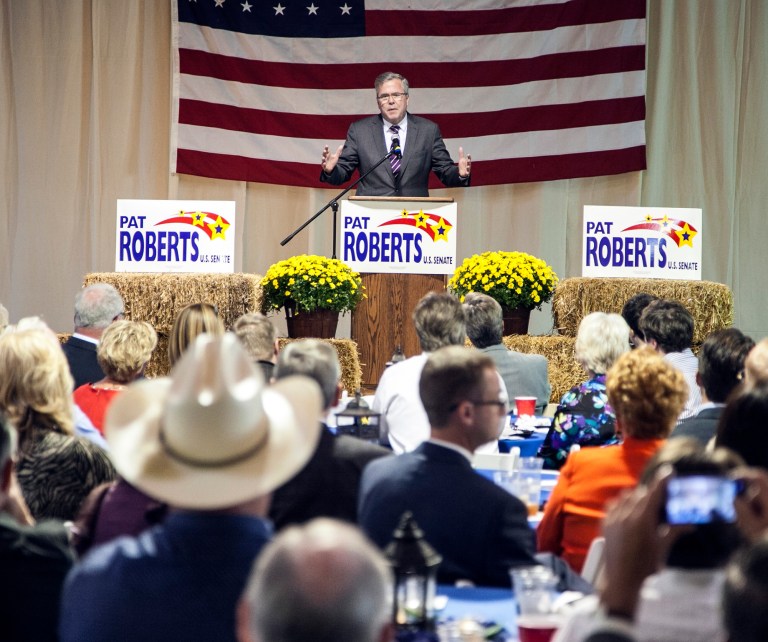 Former Florida Gov. Jeb Bush stumps for Sen. Pat Roberts in Wichita, Kan., Monday, Sept. 29, 2014. (AP Photo/The Wichita Eagle, Mike Hutmacher)