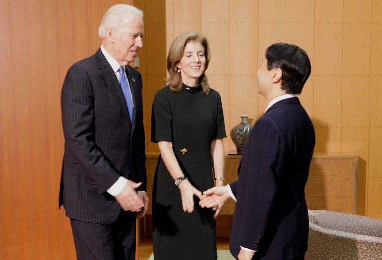 U.S. Vice President Joe Biden, left, accompanied by U.S. Ambassador to Japan Caroline Kennedy, center, is greeted by Japan's Crown Prince Naruhito upon his arrival at the Togu Palace in Tokyo Tuesday, Dec. 3, 2013. Biden is in Japan as part of his three-nation Asia tour. (AP Photo/Junji Kurokawa, Pool)