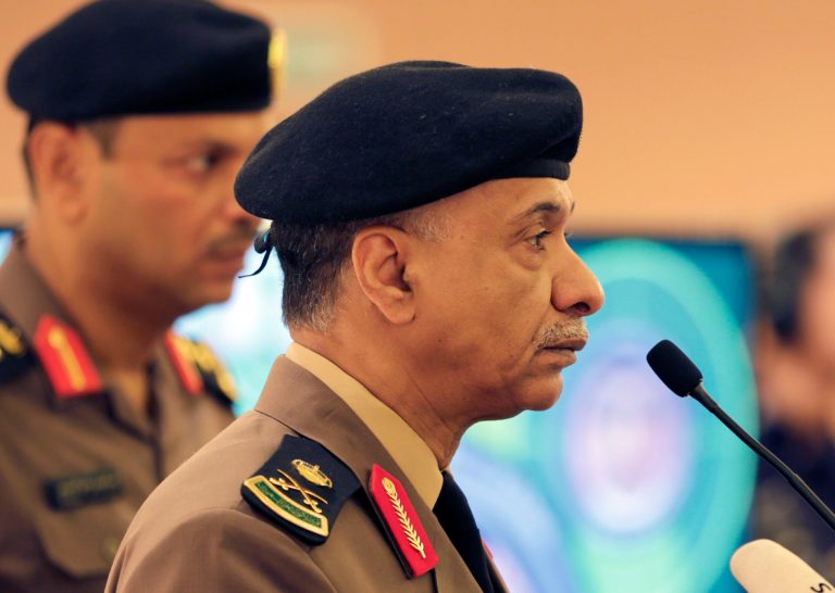In this Friday, April 24, 2015 file photo, Saudi Interior Ministry spokesman Maj. Gen. Mansour al-Turki listens to journalists questions during a press conference in Riyadh, Saudi Arabia. Saudi Arabia said Tuesday, April 28, 2015, it has arrested a total of 93 people with ties to the Islamic State group in recent months, foiling their plans to carry out multiple terrorist attacks, including a strike on the U.S. Embassy in the kingdom's capital. (AP Photo)