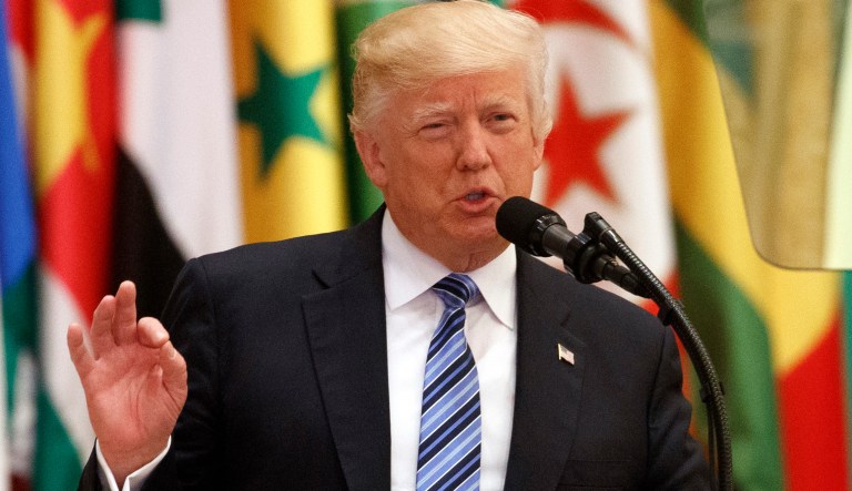 President Donald Trump delivers a speech to the Arab Islamic American Summit, at the King Abdulaziz Conference Center, Sunday, May 21, 2017, in Riyadh, Saudi Arabia. (AP Photo/Evan Vucci)