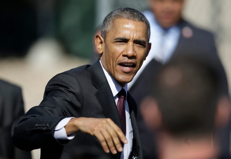 President Barack Obama leaves after speaking about clean-energy jobs, Friday, April 3, 2015, at Hill Air Force Base, Utah. (AP Photo/Rick Bowmer)