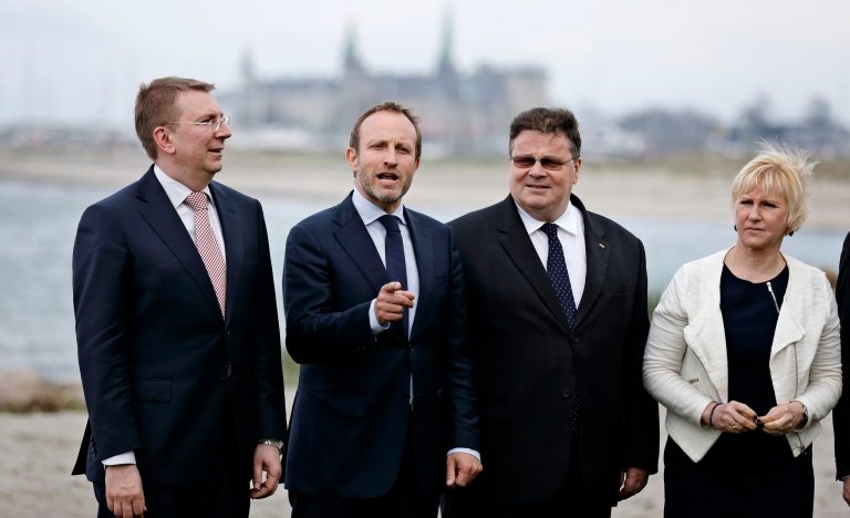 Foreign ministers from the Nordic countries and the Baltics, with from left, Edgars Rinkevics of Latvia, Martin Lidegaard of Denmark, Linas Linkevicius of Lithuania and Margot Wallstrom of Sweden, on Tuesday, May 5, 2015. (AP Photo)Â 