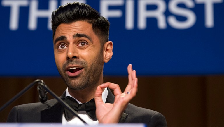 The 'Daily Show' correspondent Hasan Minhaj hit the connection between President Trump and Russia hard during his set Saturday night. (AP Photo/Cliff Owen)