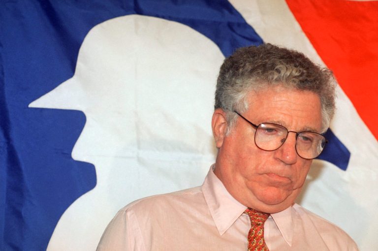 FILE - In this Aug. 31, 1994, file photo, Richard Ravitch, a management negotiator for Major League Baseball, pauses during a news conference about the stalled baseball talks in New York. Ravitch, former New York lieutenant governor under David Paterson, and the man credited with helping to save New York City from fiscal collapse in the 1970s, has written a memoir. (AP Photo/Eric Miller, File)