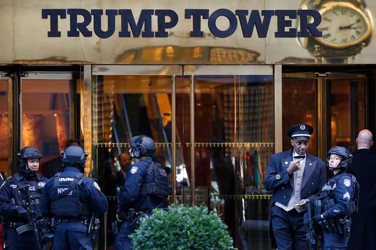 President-elect Trump left Trump Tower around 7:30 p.m. Tuesday night after his communications director had advised pool reporters tasked with following the president-elect's movements that he would not be leaving the building or conducting additional meetings. (AP Photo/Mark Lennihan)
