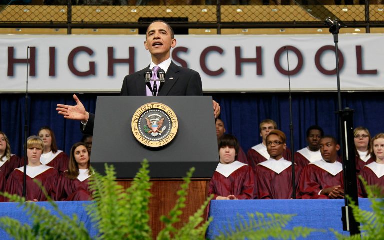 President Obama delivers the commencement address for Kalamazoo Central High School, the winner of the 2010 Race to the Top High School Commencement Challenge, at Western Michigan University Arena in Kalamazoo, Mich., Monday, June 7, 2010. (AP Photo/Charles Dharapak)