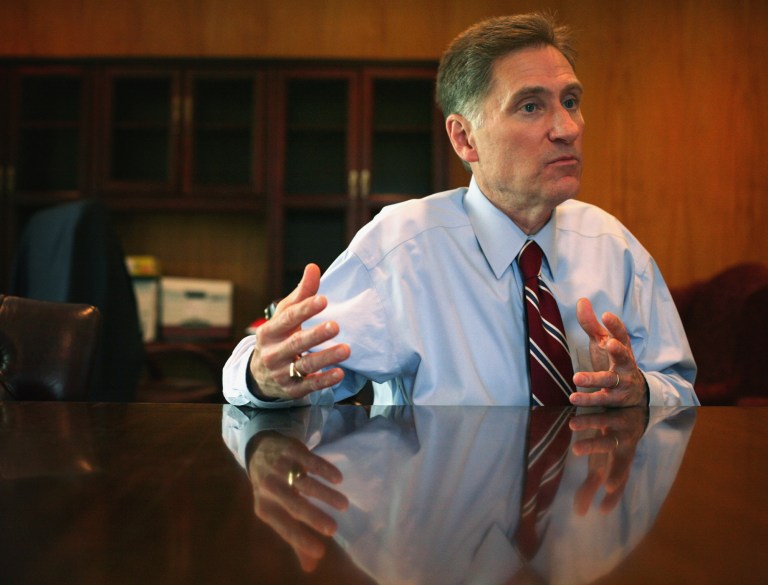 FILE - In this May 1, 2014 file photo, Southern Illinois University President Randy Dunn, addresses his goals at his office in Carbondale, Ill. Just a month on the job heading the Southern Illinois University system, Dunn's own transition may involving having to address a big one pending with the Carbondale campus chancellor's likely exodus to Arizona. The Arizona Board of Regents announced Friday, June 6,2014, that Rita Cheng, the 18,000-student Carbondale school's overseer since mid-2010, has been named the sole finalist for its presidency of Northern Arizona University in Flagstaff after a monthslong search. (AP Photo/The Southern, Steve Matzker, File)