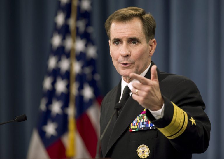 In this Nov. 7, 2014 file photo, Department of Defense Press Secretary Rear Admiral John Kirby, speaks to reporters during a news conference, at the Pentagon. (AP Photo/Manuel Balce Ceneta)