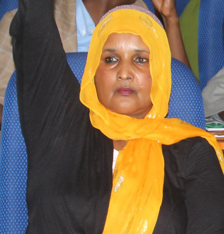 In this photo taken Monday, Dec. 2, 2013, Saado Ali Warsame, a Somali member of parliament is seen during a parliament session to endorse Somali prime minister in Mogadishu, Somalia. Gunmen killed a Somali lawmaker, Wednesday, July 23, 2014, in a drive-by shooting in the Somali capital, Mogadishu, a police official said. Lawmaker Saado Ali Warsame, who also was a popular singer of Somali folk music, was shot dead by gunmen who pulled up near her car as she was being driven to a hotel, said Somali police Capt. Mohamed Hussein. (AP Photo/Farah Abdi Warsameh)