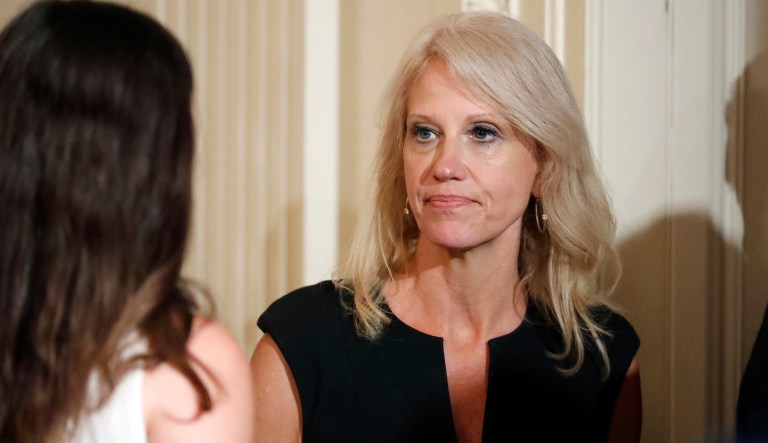 Counselor to the President Kellyanne Conway stands before President Donald Trump speaks in the East Room of the White House, Wednesday, July 26, 2017, in Washington. (AP Photo/Alex Brandon)