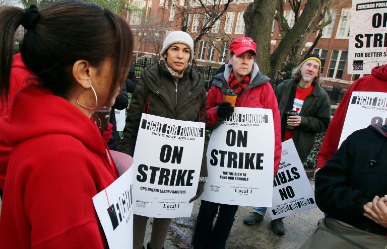 On Friday, the district had to close all its schools because of the strike. More than 435,000 students were affected. (Tim Boyle/Chicago Sun-Times via AP)