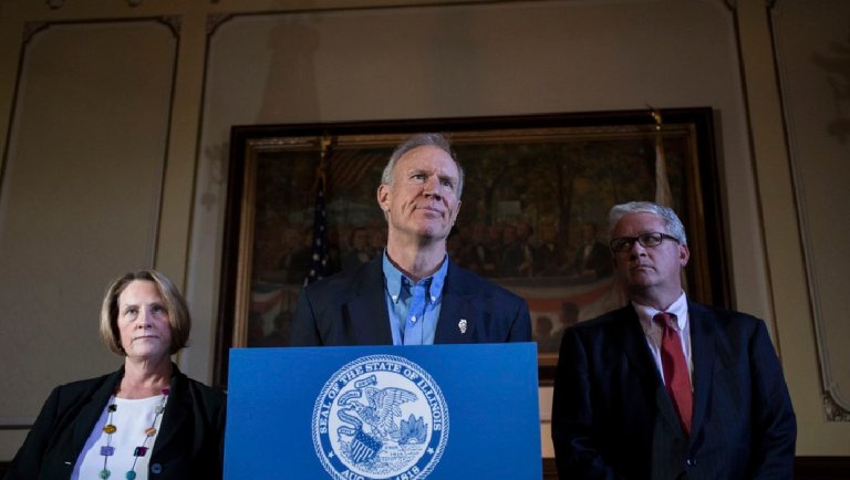 Bruce Rauner, Republican governor of Illinois, leads a state increasingly beleaguered with financial problems. Democrats in the state recently overrode his veto to impose tax increases.