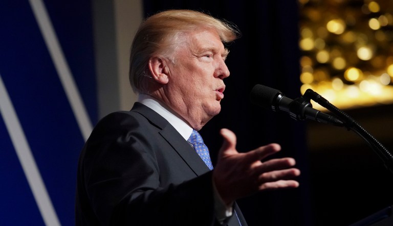 President Donald Trump speaking at the Heritage Foundation's annual President's Club meeting, Tuesday, Oct. 17, 2017 in Washington. (AP Photo/Pablo Martinez Monsivais)