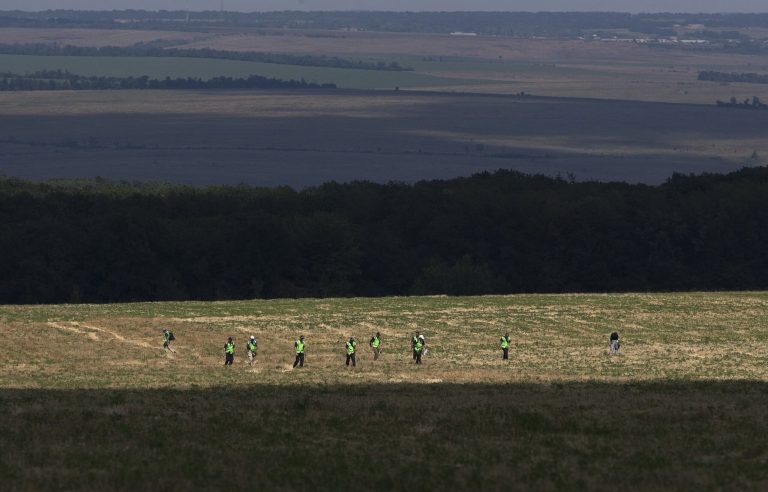 Australian and Dutch experts examine an area at the scene of the downed Malaysia Airlines Flight 17 plane near the village of Rossipne, Donetsk region, eastern Ukraine, Sunday, Aug. 3, 2014. (AP Photo/Dmitry Lovetsky)