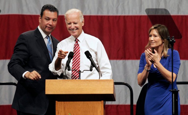 Vice-President Joe Biden acknowledges the crowd at the Icardo Center where he spoke in support of secretary of state candidate Alex Padilla and 21st congressional district candidate Amanda Renteria Tuesday Oct. 7, 2014. (AP Photo/The Bakersfield Californian, Felix Adamo)