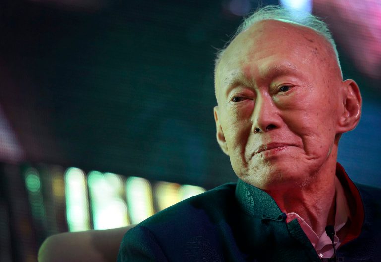 In this March 20, 2013, file photo, Singapore's first Prime Minister Lee Kuan Yew attends the Standard Chartered Singapore Forum in Singapore. Singapore's first and longest-serving prime minister Lee Kuan Yew died Monday, the prime minister's office said. He was 91. (AP Photo/Wong Maye-E, File)